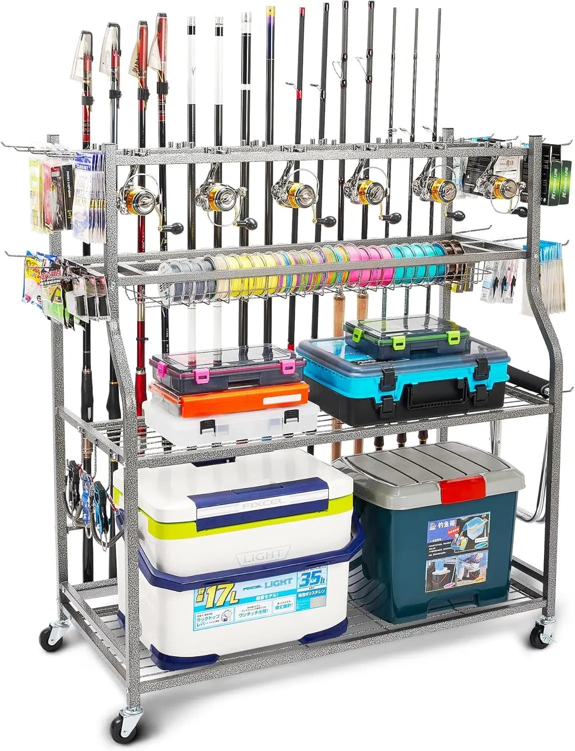 All in one with hooks and wheels to store in garages, boxes for equipment and organization of reels