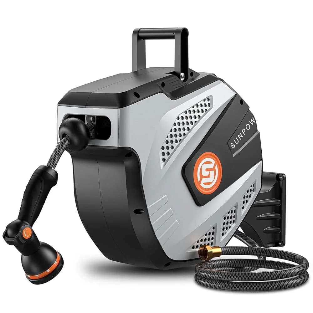 SUNPOW Retractable Wall Mounted Garden Hose Reel, Heavy-Duty 1/2 inch X 50ft, Leak-Proof 3/4 inch Brass Fitting, 10-Pattern Spray Nozzle, Any Length Lock, Auto Rewind, 180° Swivel Bracket for Garden Watering Car Washing, Grey
