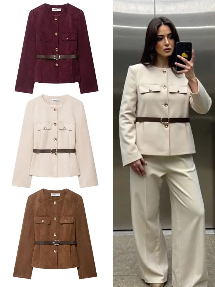 HH Women's Autumn Fashion Suede Coat Long Sleeves or Women's Jacket High Street Vintage Single-breasted With Solid Belt