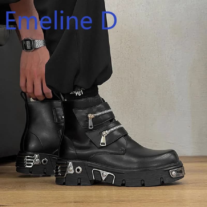 Scarpe alte punk scuro Scarpe da uomo alla moda con cerniera Design della cintura Suola spessa Altezza crescente Manica Stivaletti casual alla moda