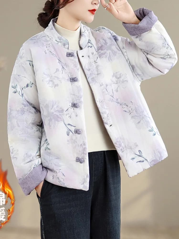 New Chinese Style Purple Double-Sided Print Cotton Jacket Women's Winter Large Size Stand Collar Jacket Reversible Cotton Coat