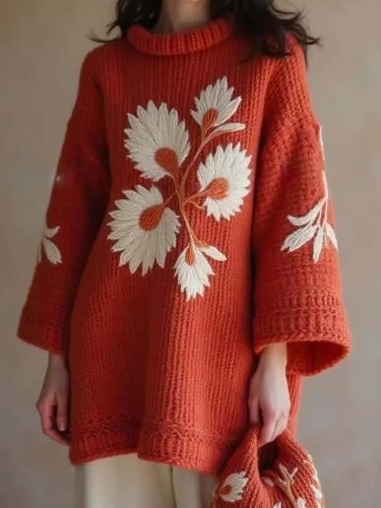 Maglia da donna in lana a collo alto con maniche dritte, design con ricamo floreale, pullover femminile elegante e alla moda.