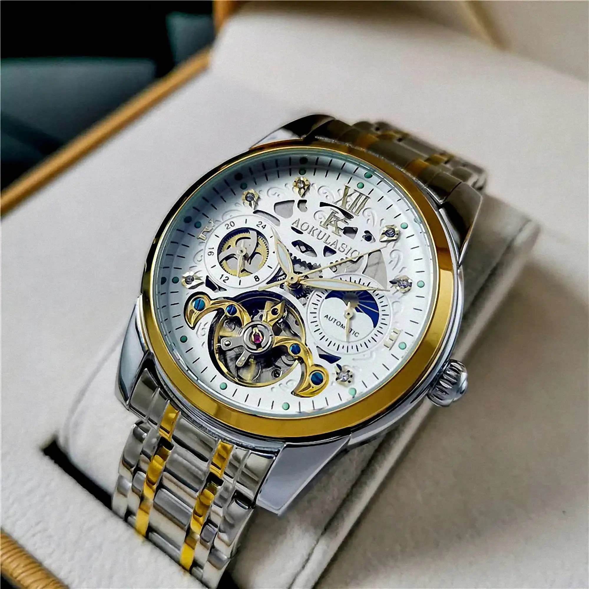 AOKULASIC Orologi da Uomo di Lusso, Marca Top, Tourbillon Scheletrato, Orologio Meccanico Automatico con Cinturino in Acciaio Inossidabile