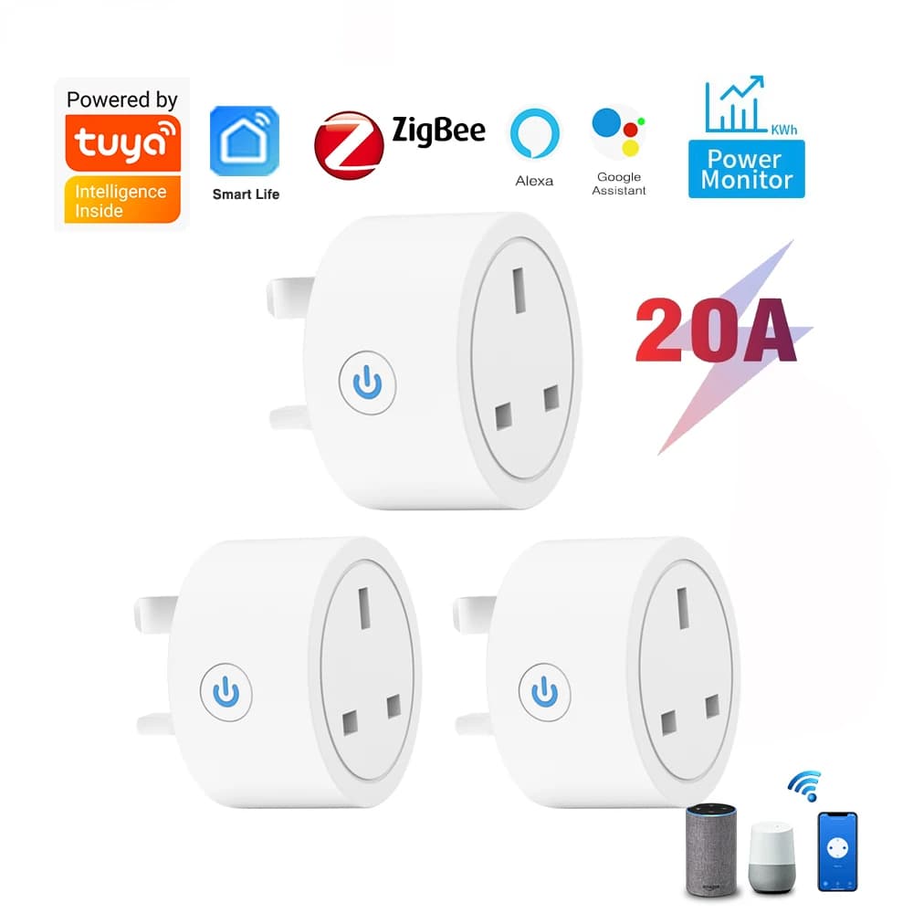 Adea20a Tuya Zigbee Smart Socket UK Plug Adapter with power monitoring and Zigbee hub for intelligent control, Google Home AI support