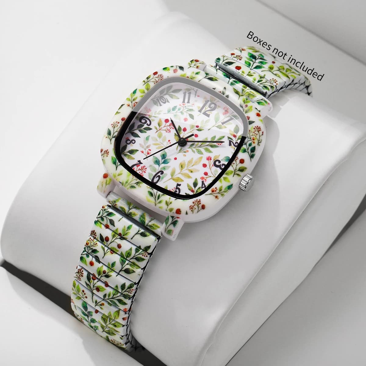 Fashion Square Women Quartz Watch Elastic Stretch Strap Green Floral Printed Wristwatch Girls Gift Relogio Feminino（Without Box）