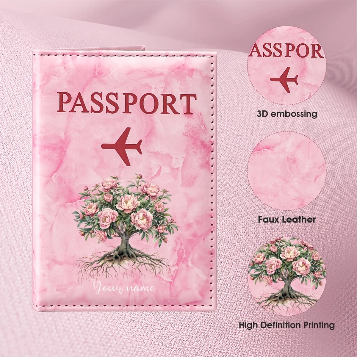 Personalized Name Pink Rose Garden Art Design Passport Holder, Exquisite Floral And Vine Intertwined Romantic Natural Style