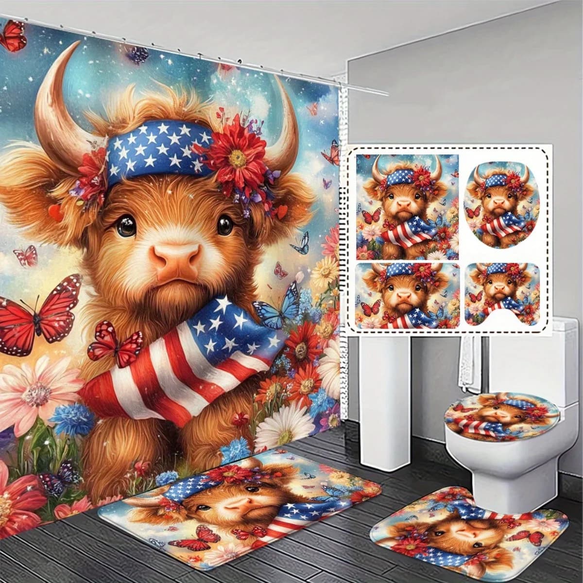 Tenda da doccia piatta 2D con motivo mucca Highland patriottica e tappetini da bagno antiscivolo, design bandiera americana, regalo per la decorazione della casa per il Giorno dell'Indipendenza