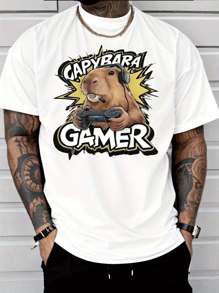 Men Funny Capybara Gamer With Gamepad Headset Cartoon Print Crew Neck Short Sleeve Gaming Fan Casual Male Summer Daily Soft Tops
