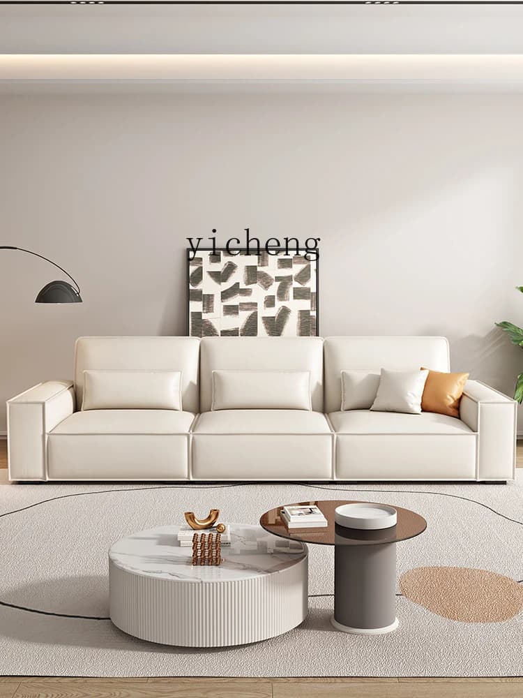 Genuine Leather Tofu Block High Backrest Minimalistic Straight Row Small Apartment First Layer Cowhide