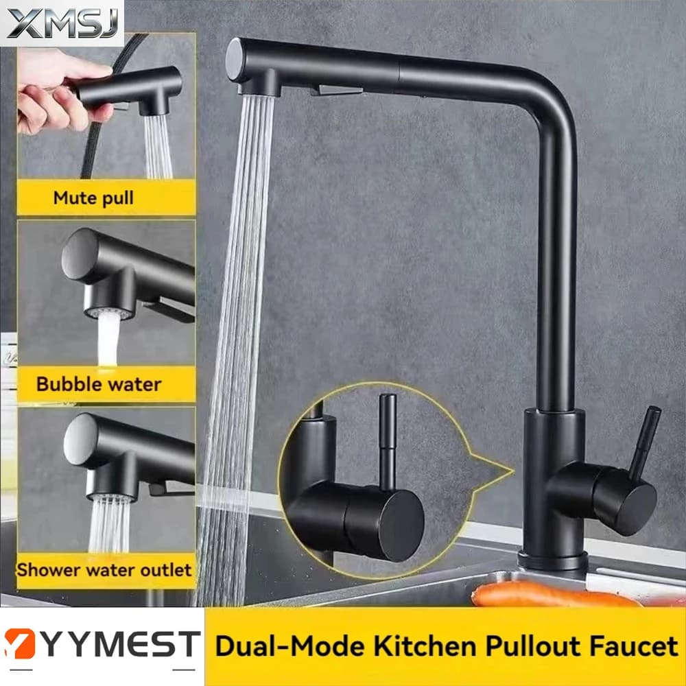 Black Pull Out Kitchen Sink Faucet Two Model Stream Sprayer Nozzle Stainless Steel Hot Cold Wate Mixer Tap Deck