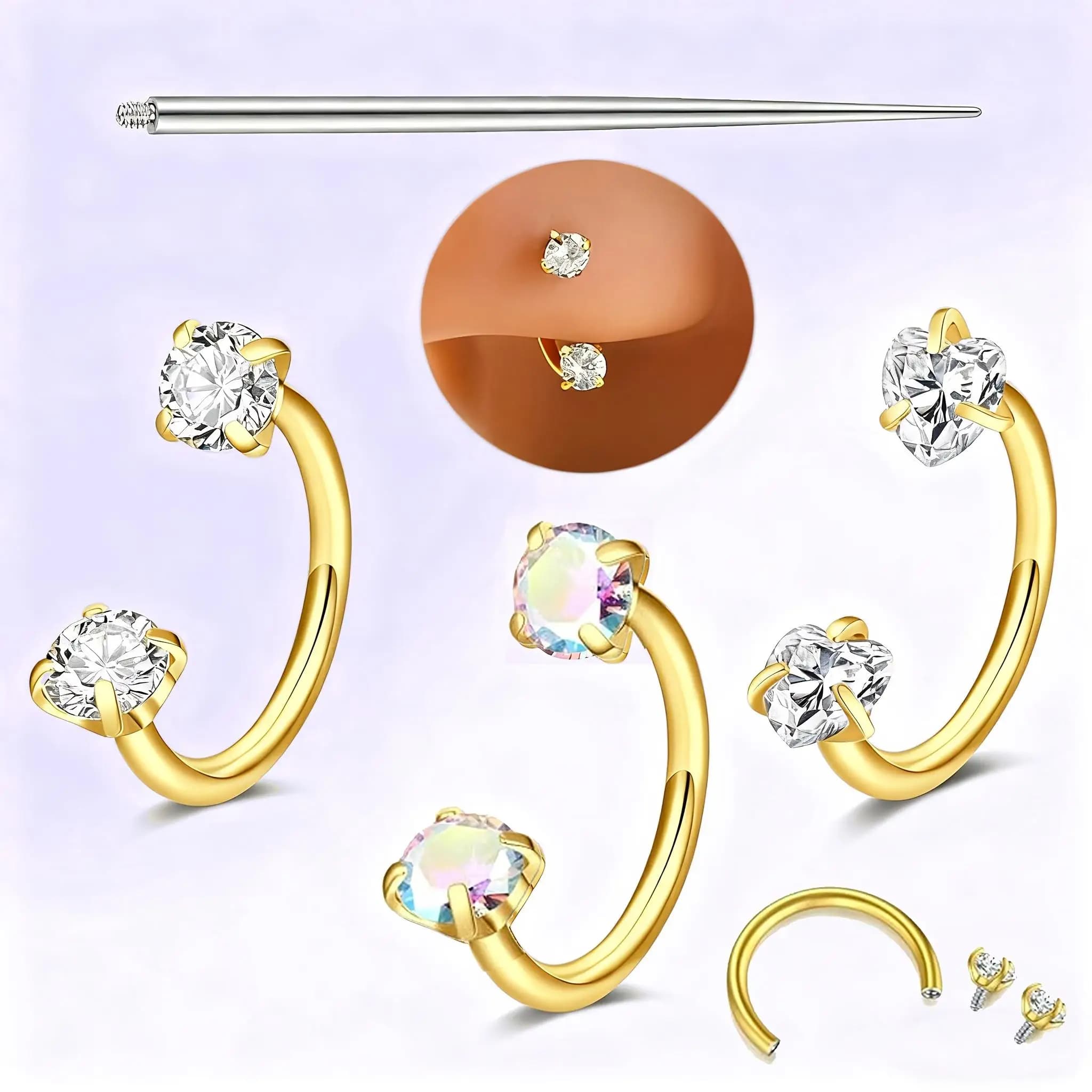 4pcs 16G in acciaio inossidabile CZ ferro da cavallo settemo anello del naso orecchio elica studs anello labbra anello piercing gioielli con ago di trazione
