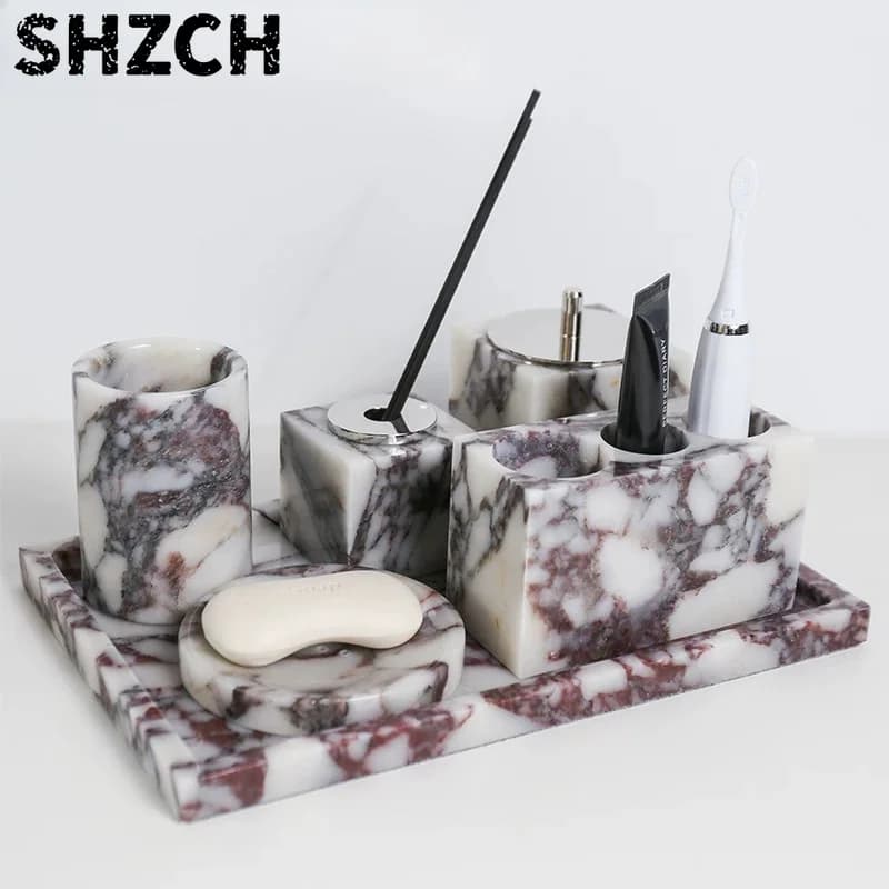 Luxury Natural Marble Tray, Toothbrush Holder & Soap Dispenser Stand, Vanity Skin Lotion Organizer, Shower Bath Storage Caddy