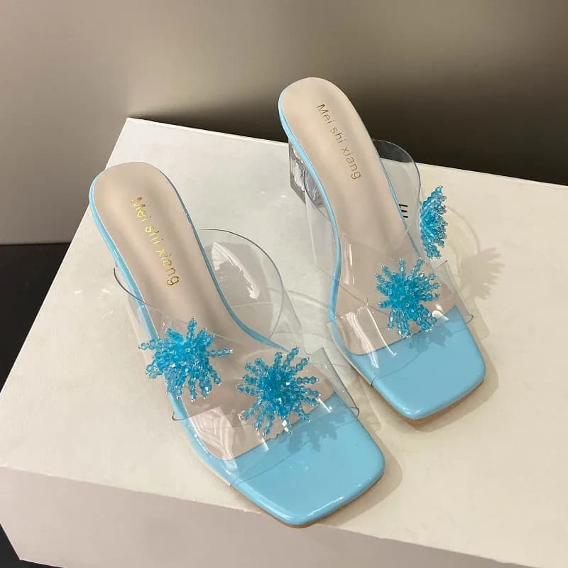 Nuovi Sandali da Donna con Tacco Alto, Decorati con Fiori di Diamanti e Suola Trasparente Spessa, Scarpe da Festa in PVC, Ciabatte e Mules