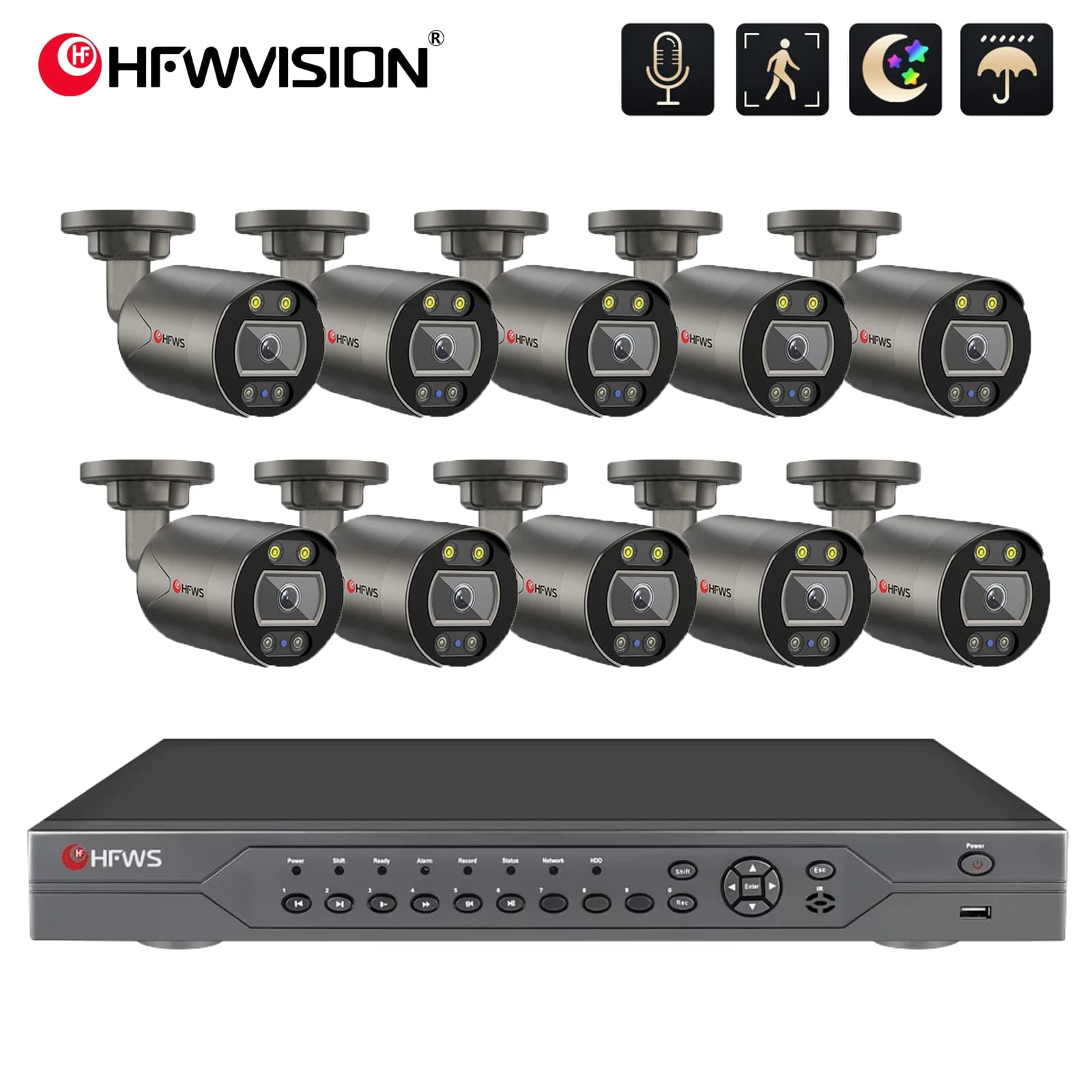 HFWVISION H.265 16CH 8MP POE Sistema di telecamere IP66 Resistente alle intemperie Accesso remoto APP Set di sorveglianza di sicurezza esterna Notte colorata