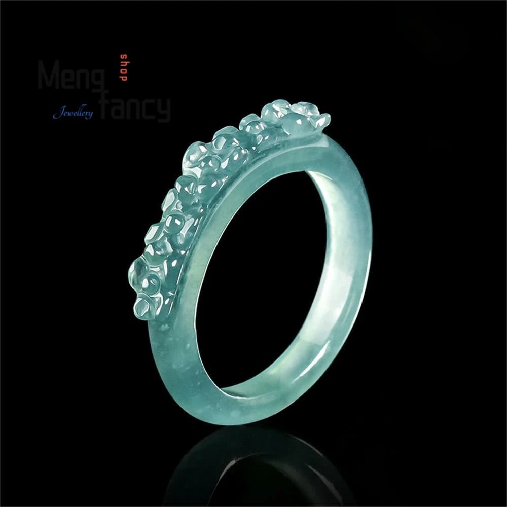 Anello in Giada Naturale di Grado A con Fiore Tridimensionale in Rilievo, Giada Blu Acqua, Gioiello di Lusso per Coppie, Regalo per le Feste