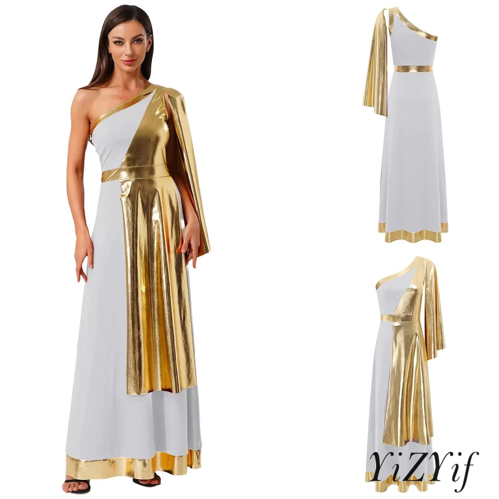 Costume da Halloween, abito a tunica di bellezza romana greca antica, costume da festa, abito toga con strato metallico su una spalla per donna