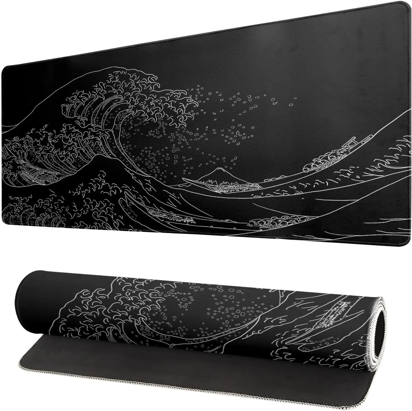 Sea Wave big mouse pad, black anime game, extended desk mat, mouse mat with thick 3 mm long non-slip rubber base