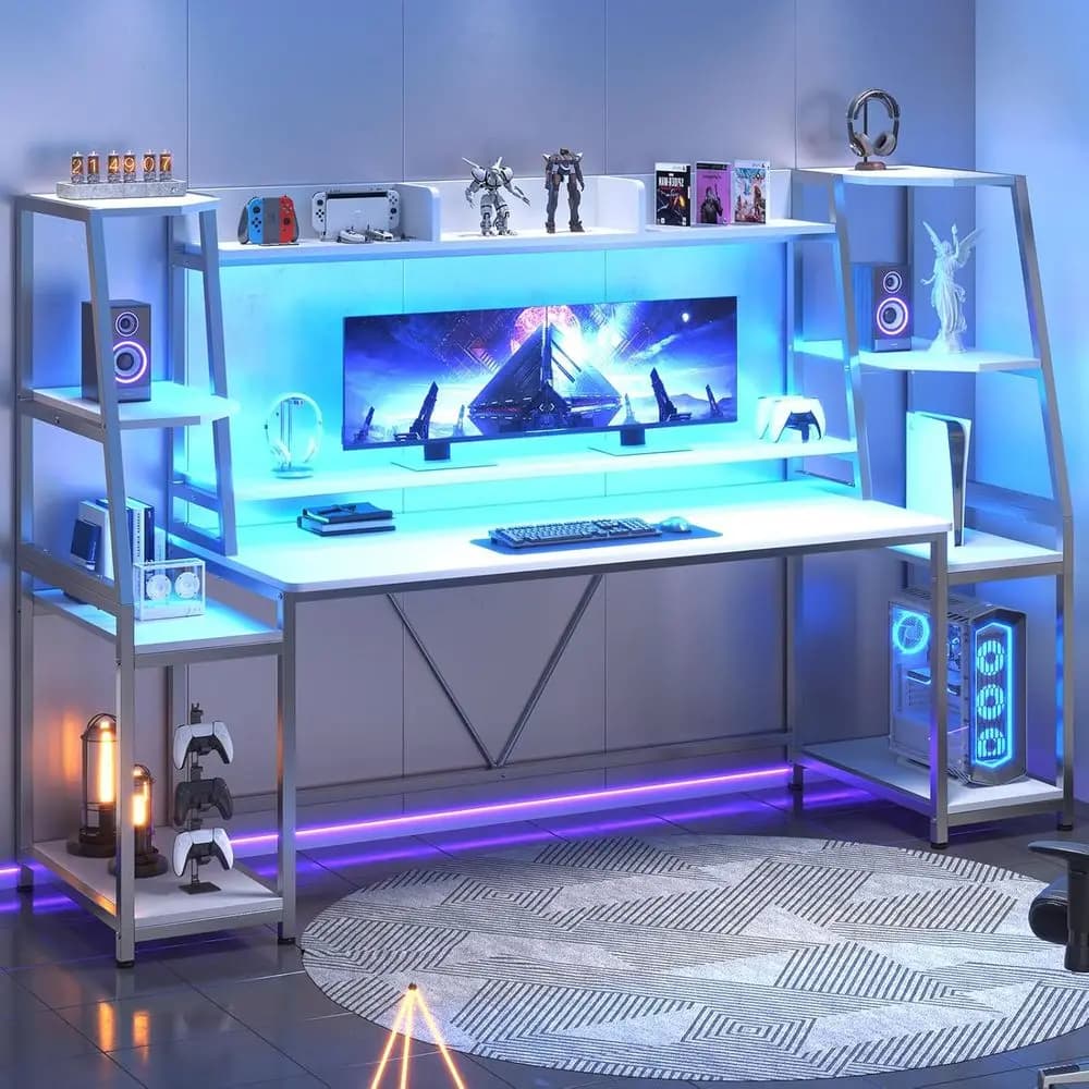 Scrivania da Gaming Illuminata a LED 78.8 con Spazio di Archiviazione e Supporto per Monitor per Giocatori PC
