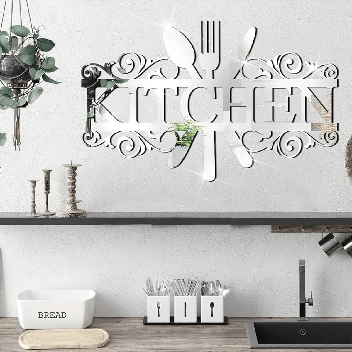 1 wall sticker in acrylic effect mirror gold/silver with fork, knife and spoon to decorate the kitchen and the house, wall decoration adhesive.