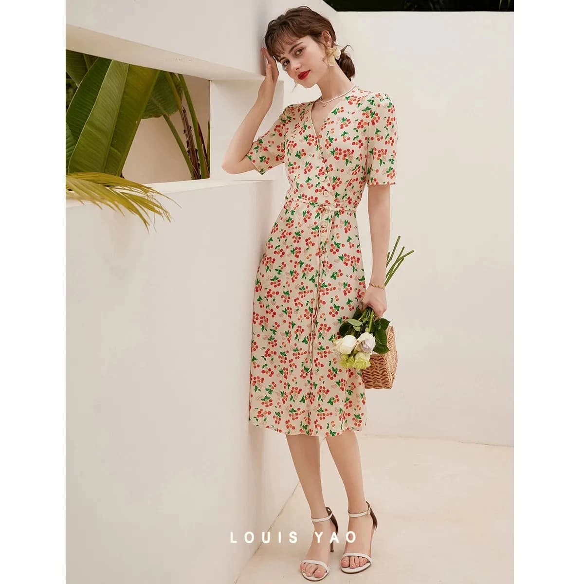 LOUIS YAO Cherry Print Women's Dresses 2026 Summer Sweet Elegant V Neck Lace Up Long Maxi Dress French Tea Dress for Woman
