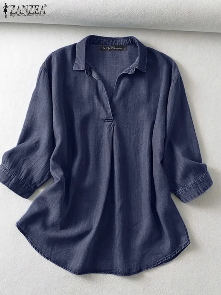 ZANZEA donna estate scollo a V manica 3/4 camicetta Denim camicia blu elegante solido OL lavoro top Casual sciolto ufficio Blusas Oversize