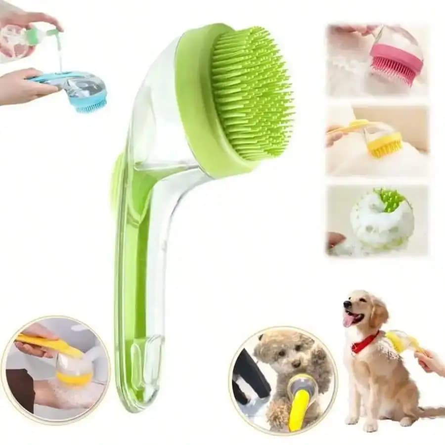 Pet Bath Brush Set, Dog Bath Brush With Shampoo Dispenser, Cat Chin Cleaning Brush, Dog Toothbrush, Adjustable Glove Massage Brush, Pet Scrubber For Bathing Long Short Haired Dogs Cats (Green)
