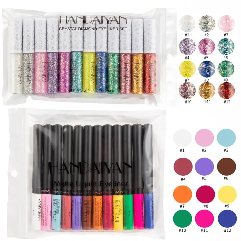10/12 colori Matte Eyeliner Set Glitter Makeup Waterproof Colorful Liquid Crystal Diamond Eye Liner Pen Gel Make Up Cosmetics