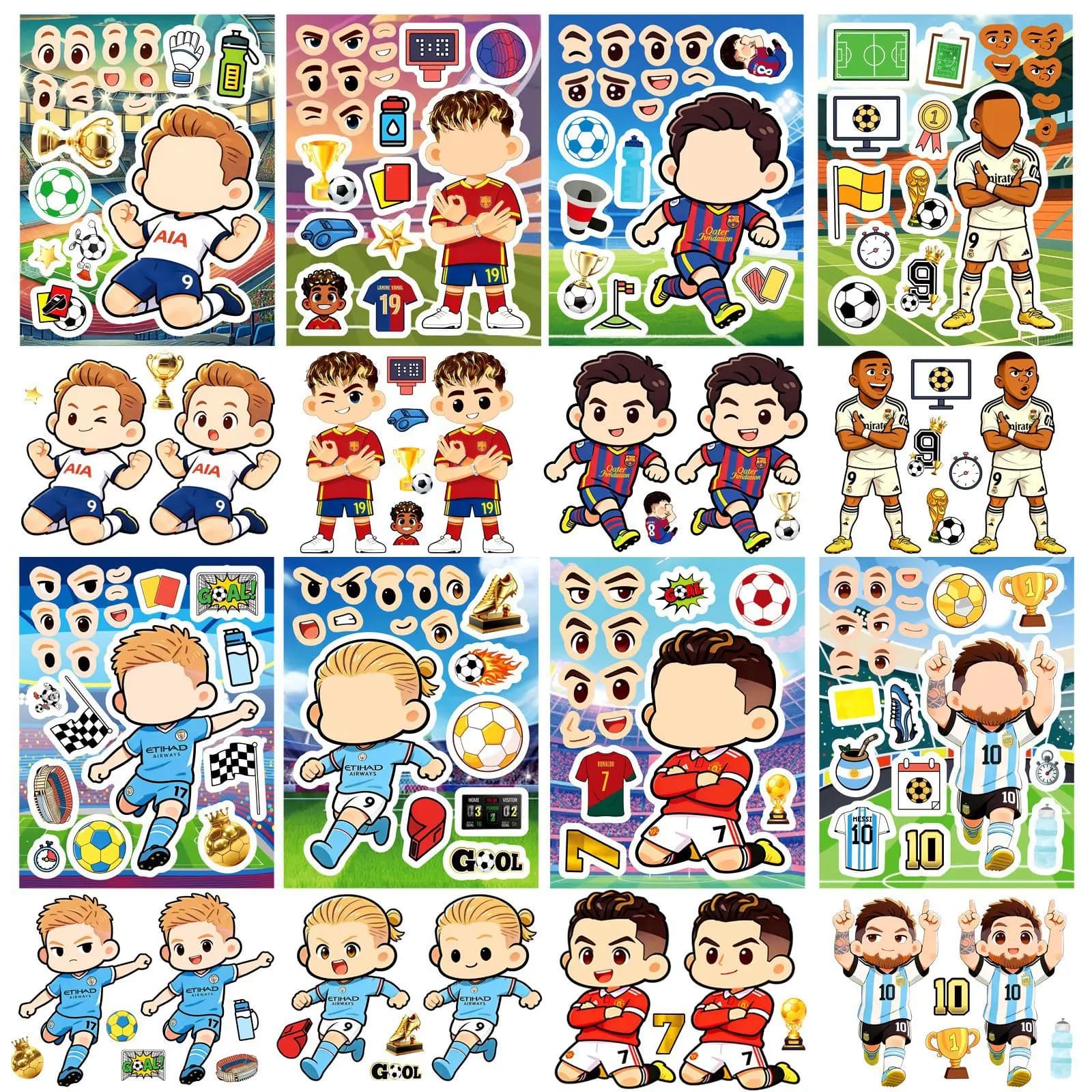 8 Pezzi Adesivi Cartoon di Piccoli Calciatori per Creare un Volto, Decorazioni Educative Fai-da-Te per Tazze, Diari, Caschi, Skateboard e Scatole Portaoggetti