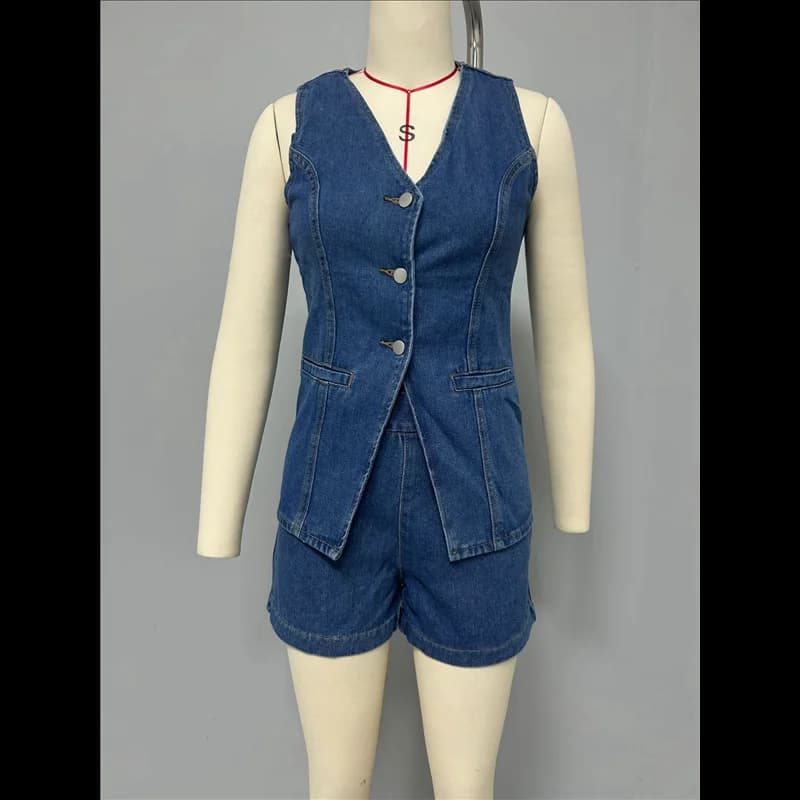 ABRT-Set da 2 pezzi in denim da donna, casual, senza maniche, con scollo a V, gilet in jean, top e pantaloncini a vita alta, tute da ginnastica