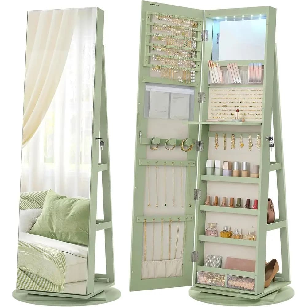 Cabinet with mirror and 6 LED lock, 360 ° Swivel cabinet with Organizer, Full Figure Mirror, 3 shelves, Laurel G