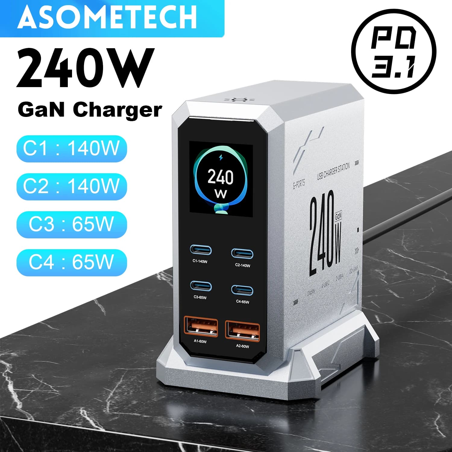 Charger GaN from 240 W PD3.1 140 W USB Type C 6 ports PPS PD Fast charging station desktop for laptop MacBook Tablet iPhone Samsung