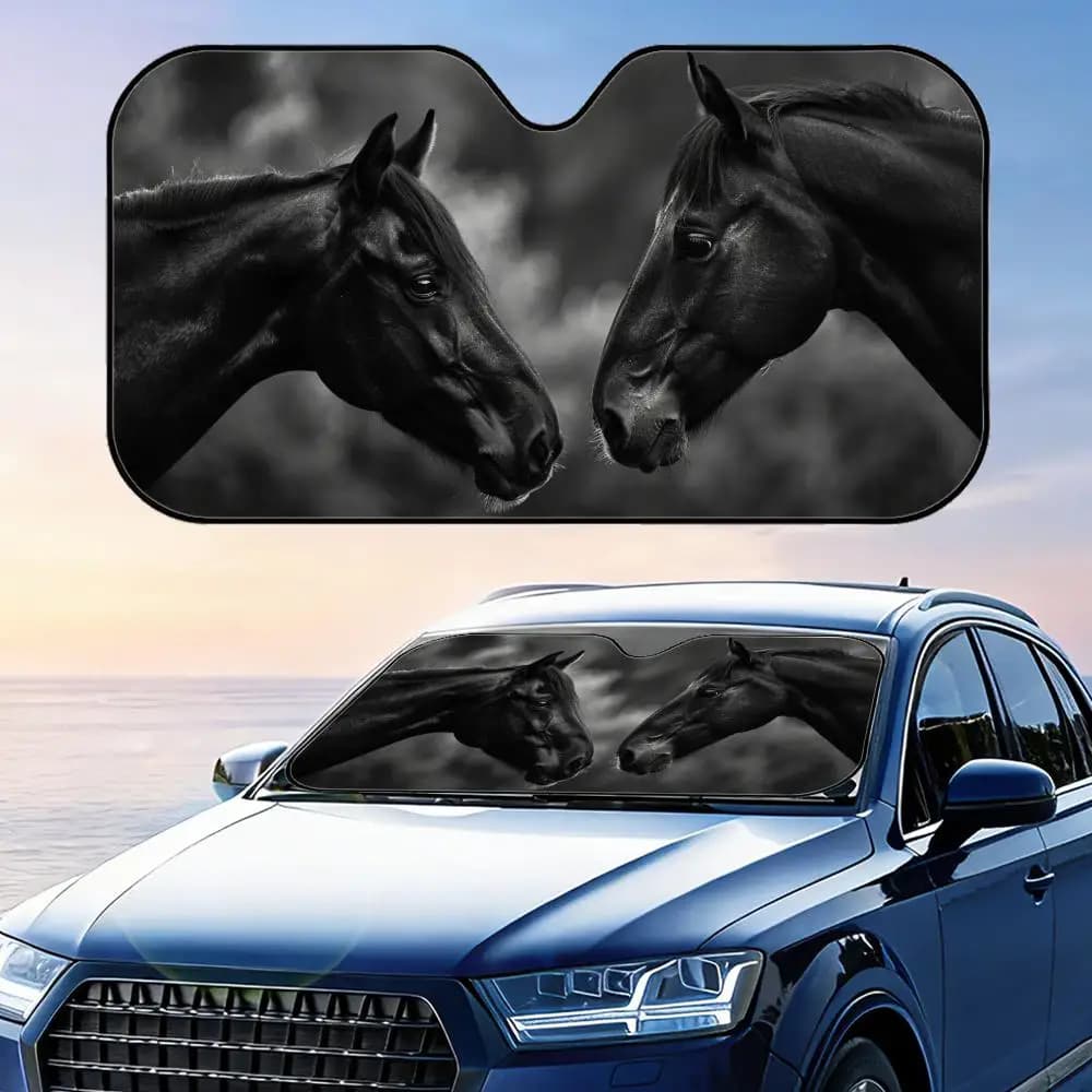 Parasole per Auto con Motivo Cavallo Nero, Pieghevole, Universale, Protezione UV, Isolamento Termico, Copertura Richiudibile