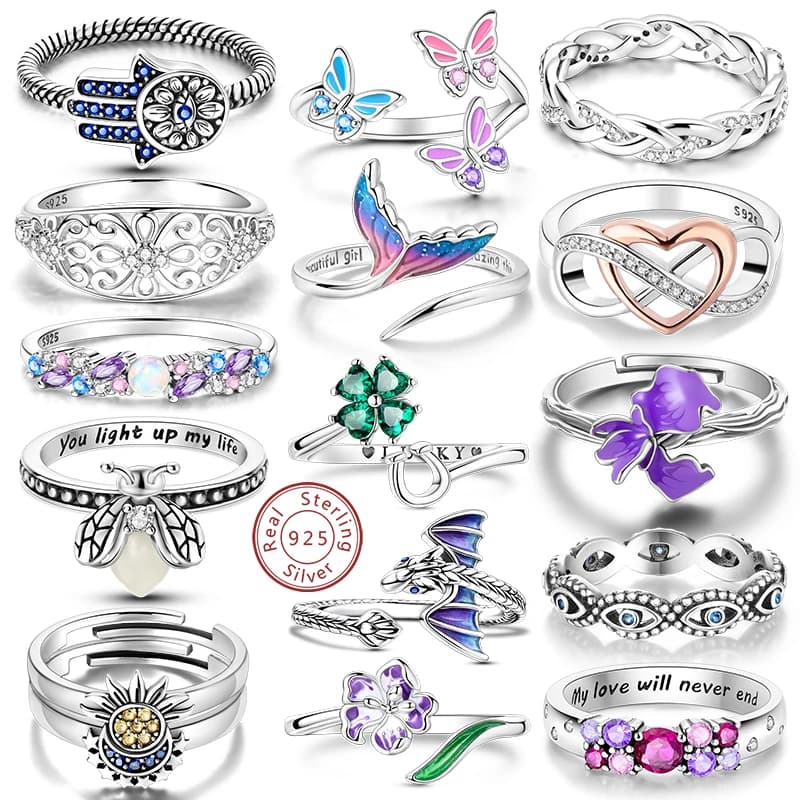 Anelli Vendite calde Argento sterling 925 Cuore d'amore Sole Luna Stella Iris Anelli regolabili per le donne Regalo di gioielli per feste di compleanno di nozze