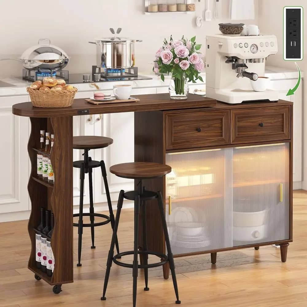 Isola da Cucina Girevole in Noce 69: Altoparlanti Bluetooth, Luci LED, Ripiani Regolabili, Spazio Contenitivo, Presa di Corrente