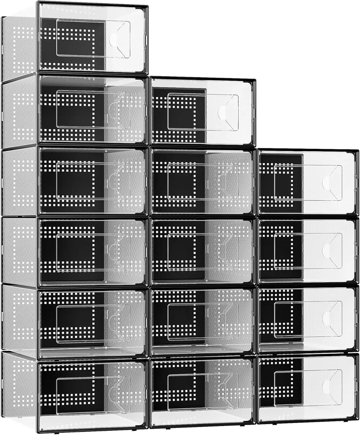 Set of 15 Impilable Transparent Boxes to Organize Shoes, Inner Design for Wardrobe, Foldable with Covers