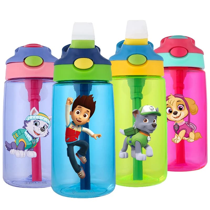 Bottiglia d'acqua Paw Patrols da 480 ml con cannuccia, bottiglie da viaggio portatili, tazza per palestra, sport, fitness, bottiglia per acqua fredda estiva, bottiglia per succhi di frutta