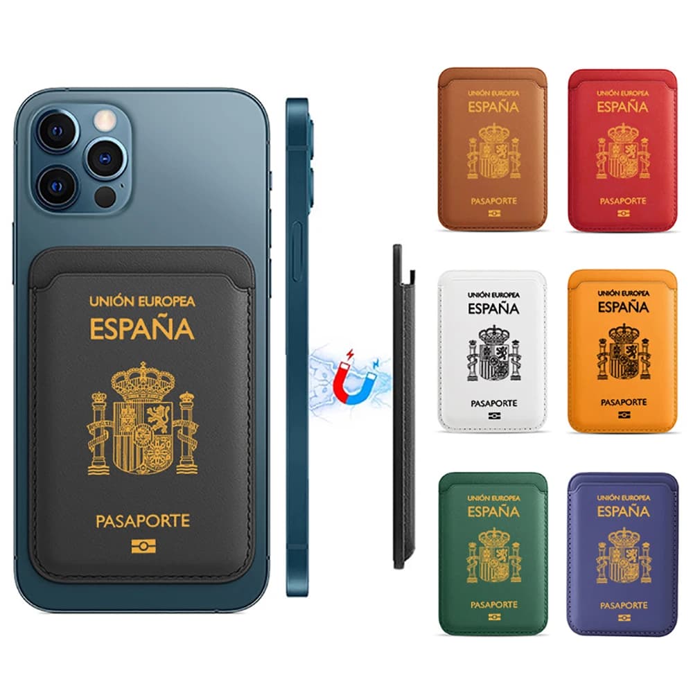 Custodia a portafoglio in pelle PU magnetica di lusso per passaporto Spagna per MagSafe iPhone13 14 17 15Plus 16Pro Custodia per carte Cover posteriore