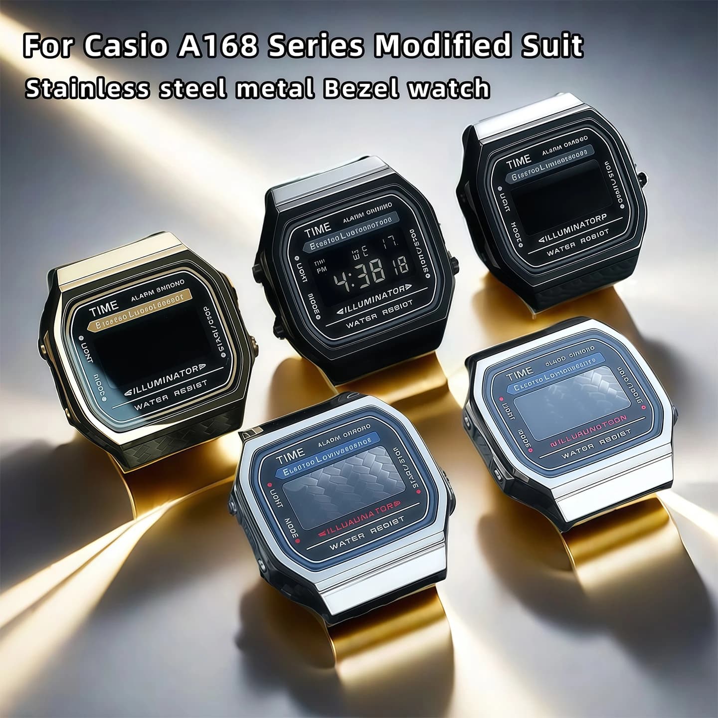 Kit mod custodia A168WA Cassa per orologio con lunetta in metallo in acciaio inossidabile + cinturino per abito modificato serie Casio A168 + accessori per orologi con utensili