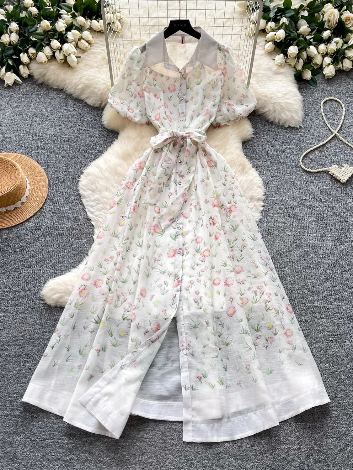 Elegant Floral Print A-Line Dress Korean Style Belted Waist Short Sleeve Turn-down Collar Women's Summer Fashion Commute Dress