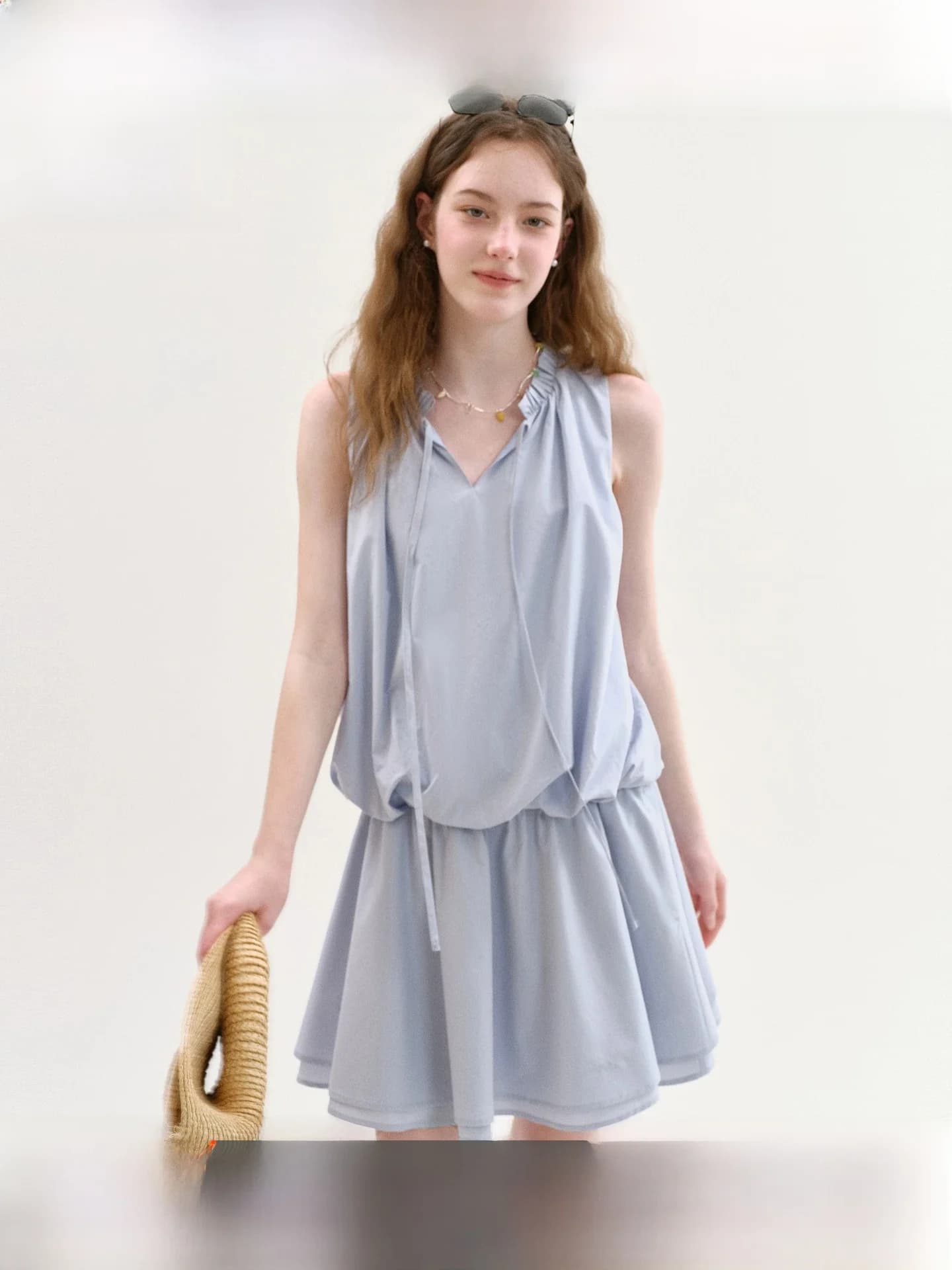 Fano Korean Style Loose Sleeveless Dress Women's Summer New Style Ruffle Hem Belted Vest Short Skirt V-neck Slim Fit Dress