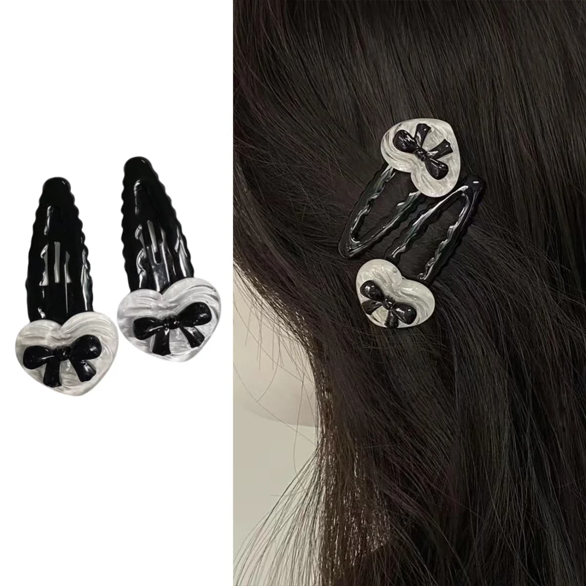 Clip BB ondulata con fiocco nero alla moda da 1 pezzo, clip laterale versatile dolce e fresca della ragazza energetica, forcina di nuovo stile