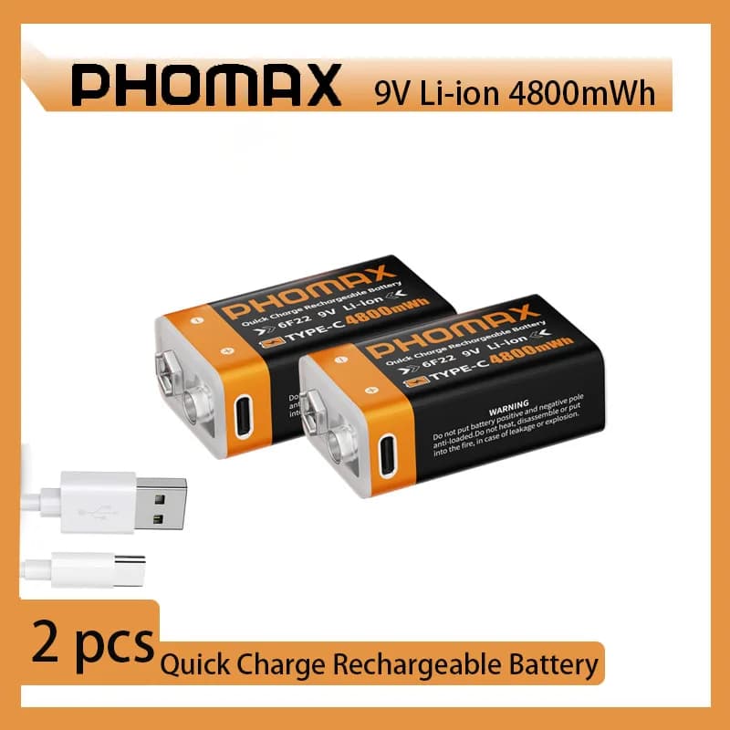 Batteria ricaricabile PHOMAX Microfono da 9 V Tipo c Batteria al litio da 9 V Batteria agli ioni di litio USB c 9 V per rilevatori di fumo multimetro