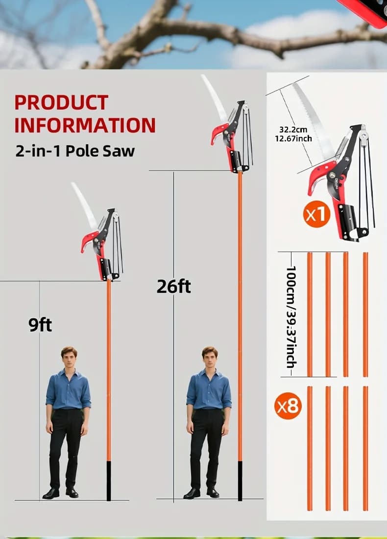 DELIXI ELECTRIC Telescopic saw 2 in 1 9-26 foot adjustable shaft pruning tool with sharp shears and ropes for high branches Garden saw