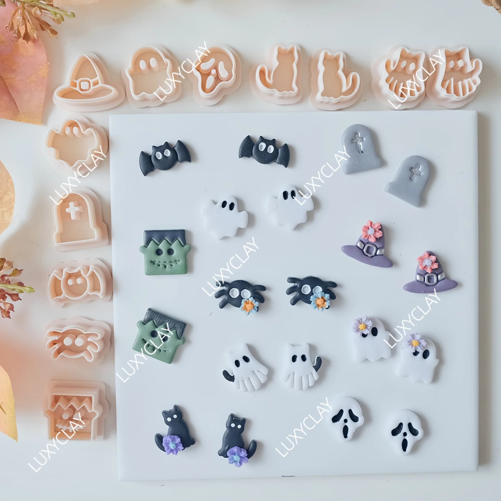 12pcs Halloween Spider Bat Skull Ghost Cat Coffin Shape Polymer Clay Cutters for Crafting Jewelry, Ideal for Making DIY Earrings