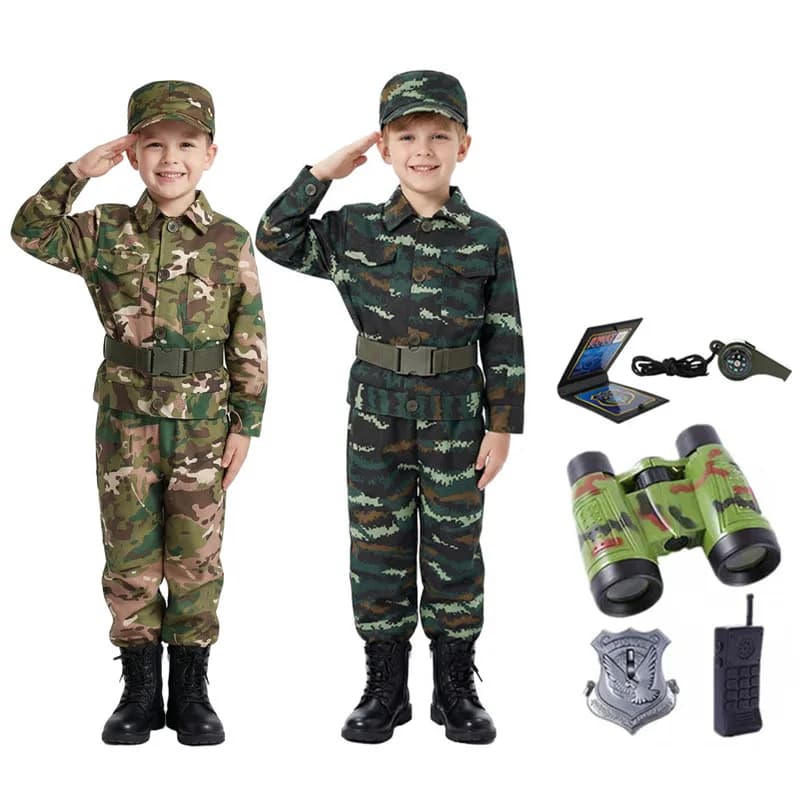 Kids Camouflage Costume with Button Pockets and Belt Hat Set for School Gymnastics Summer Camp Activities Includes 5PC Toys
