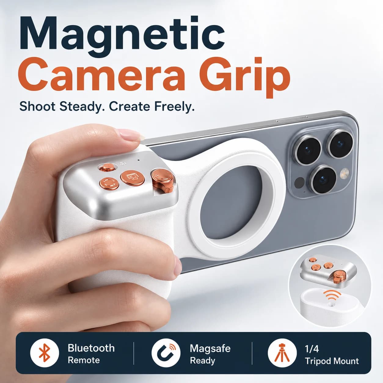 Impugnatura Magnetica per Smartphone con Telecomando per Riprese Fotografiche, Compatibile con iPhone e Android