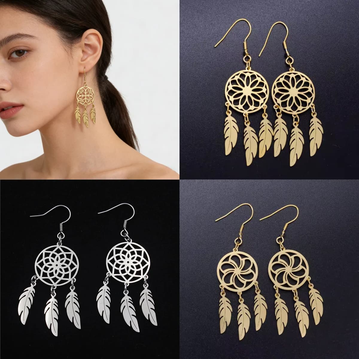 1 pair Stainless Steel Bohemia Jewelry Dream Catcher Earrings Fashionable Female Feather Tassel Dangle earrings jewelry gifts