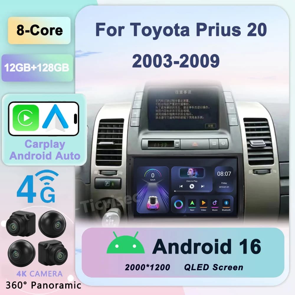 Carplay Autoradio 2 din Android 16 Per Toyota Prius 20 2003-2009 Autoradio Multimedia Video Player Navigazione GPS Stereo BT HU