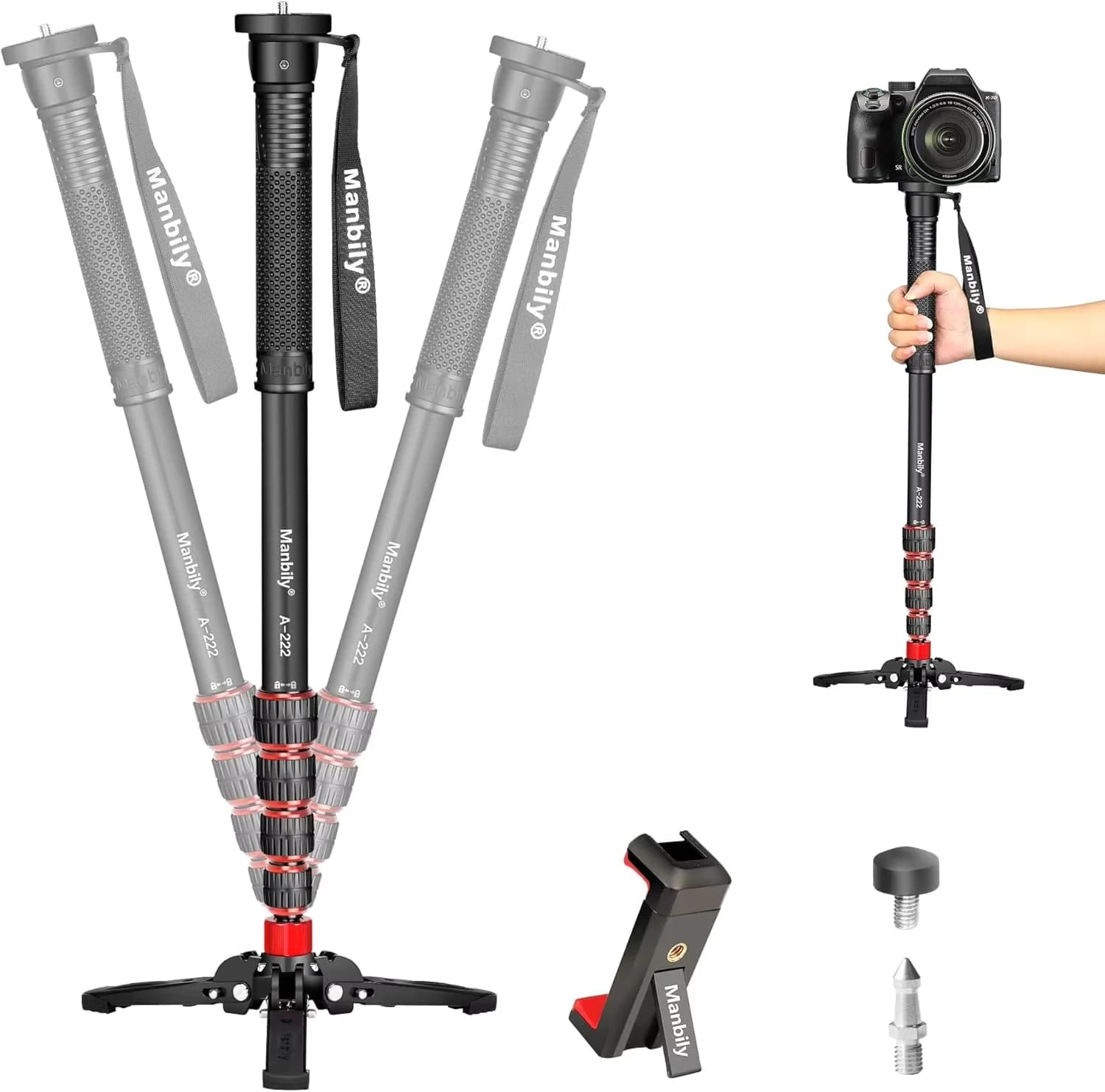 Monopiede per Fotocamera Manbily A222Pro Estensibile, Monopiede da Viaggio Portatile in Alluminio con Base Treppiede Rimovibile per DSLR