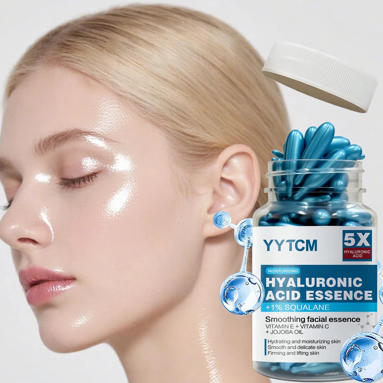 Hyaluronic Acid Deep Moisturizing Capsule Essence, Hydrates and Smooths the Skin, Contains Plant-Derived Squalane, Vitamin E, Vitamin C, Deep Hydration and Skin Brightening Essence, 18 Capsules/30 Capsules/48 Capsules/60 Capsules/90 Capsules/120 Capsules